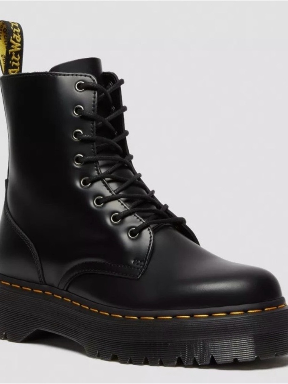 Dr. Martens Black Leather Platform Lace-Up Boot with Yellow Stitching